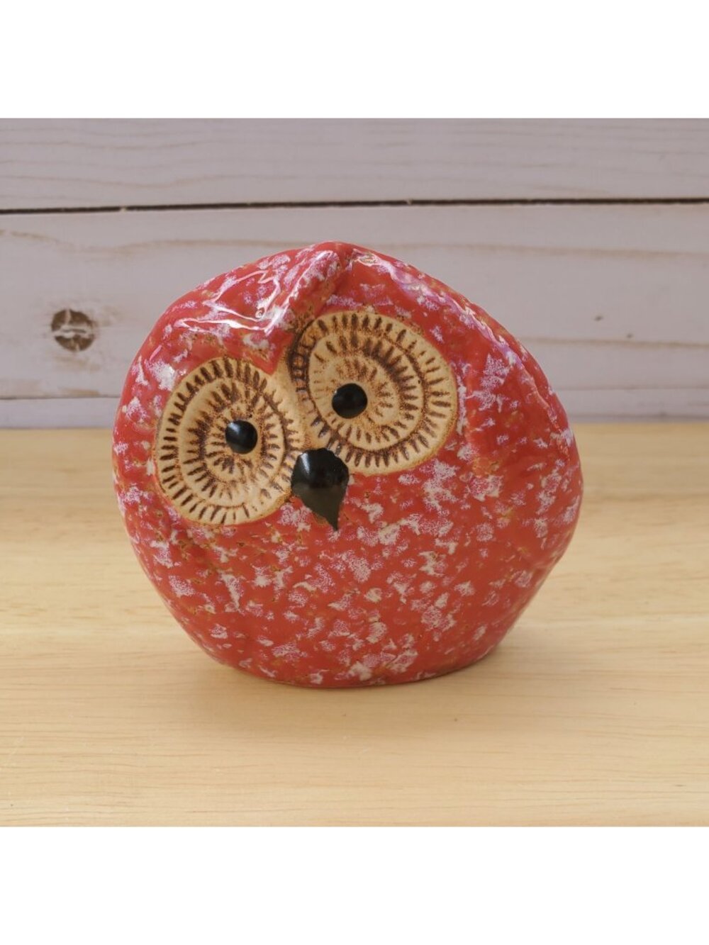 Ceramic Owl Figurine Rustic Folk Art Speckled Glazed Textured Decor Red White